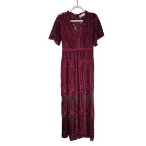 Bella Ella Boutique Womens M Light My Fire Deep V Neck Lace Red Wine Maxi Dress
